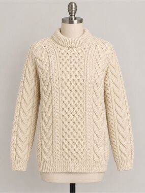 Vintage Quill’s Woollen Market Irish Hand-Knit Aran Cable Sweater – Cream, Made